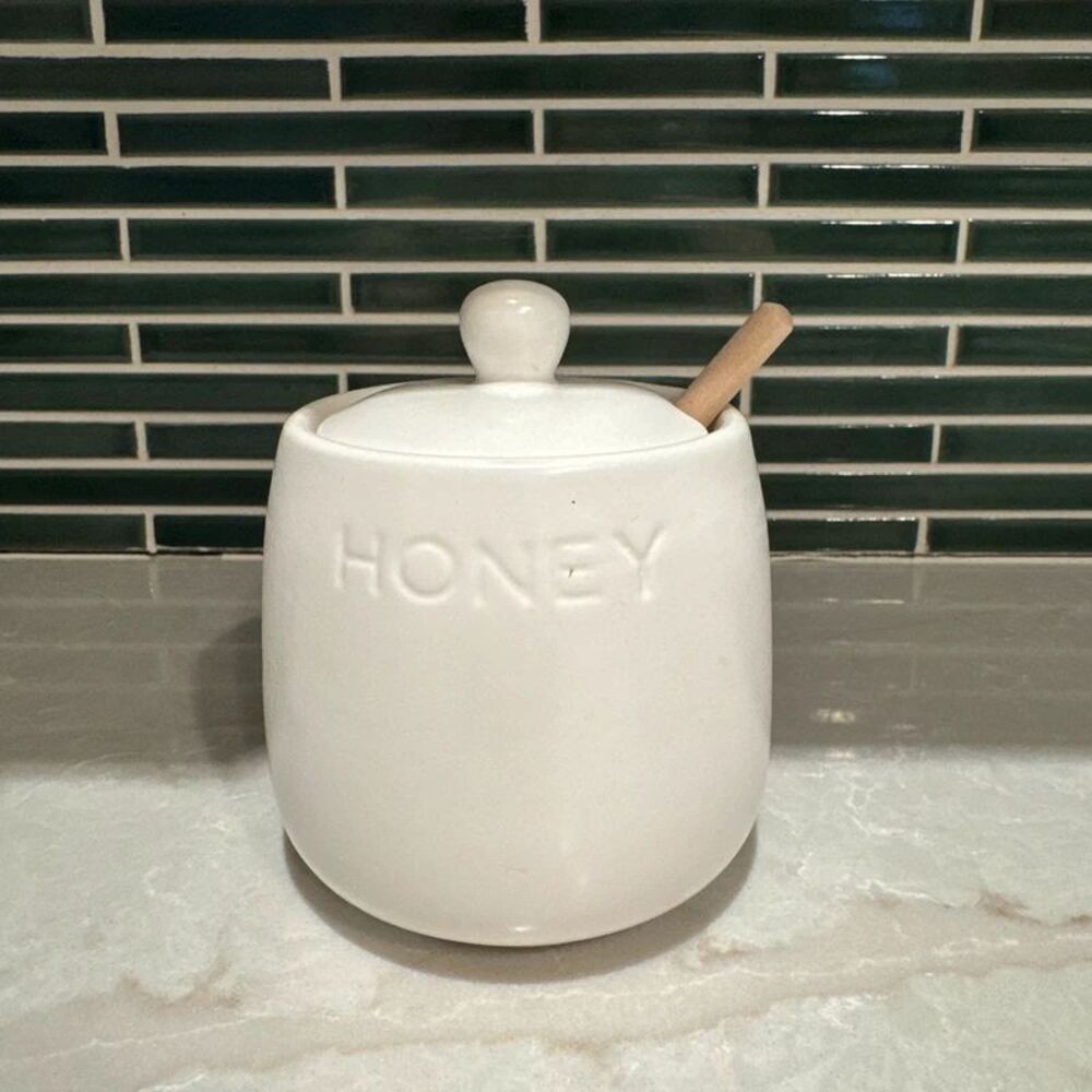 Rae Dunn White Ceramic Honey Jar with Wooden Dipper